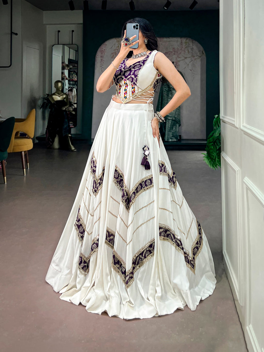 Ishani White Rayon Heritage Print Gamthi Mirror Lehenga