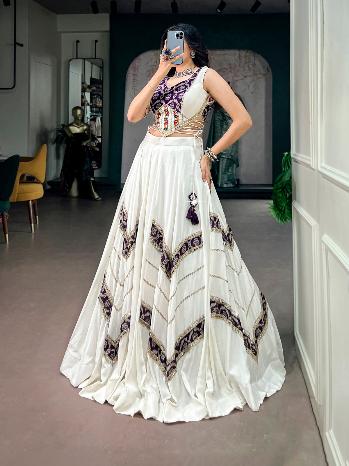 Ishani White Rayon Heritage Print Gamthi Mirror Lehenga
