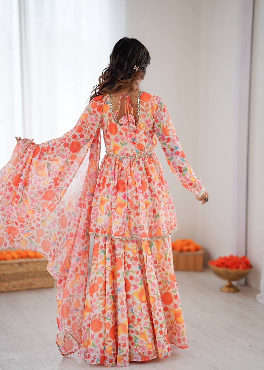 Orange pure soft taby organza floral print Kediya kurta set