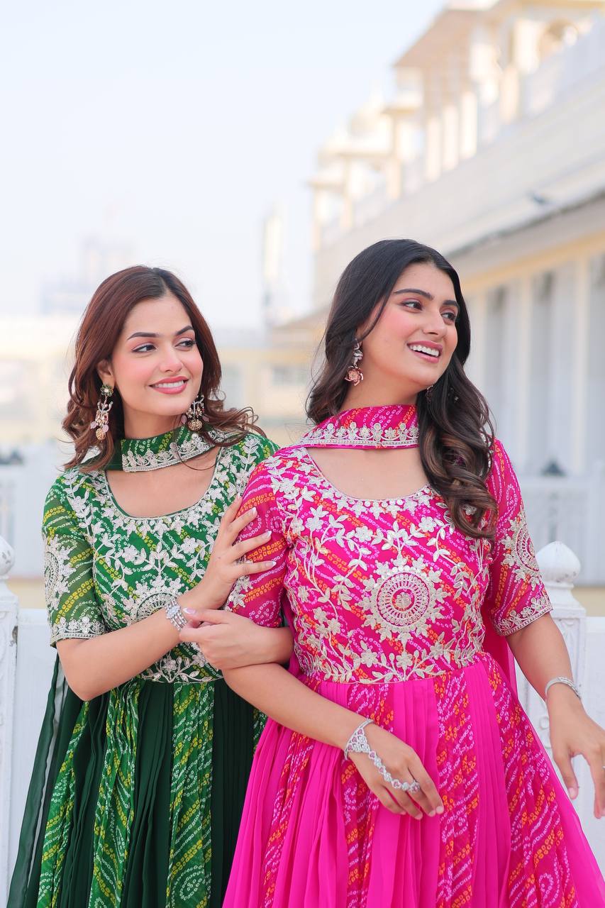 Saanvi Pure Bandhej Georgette Embroidered Gown Set