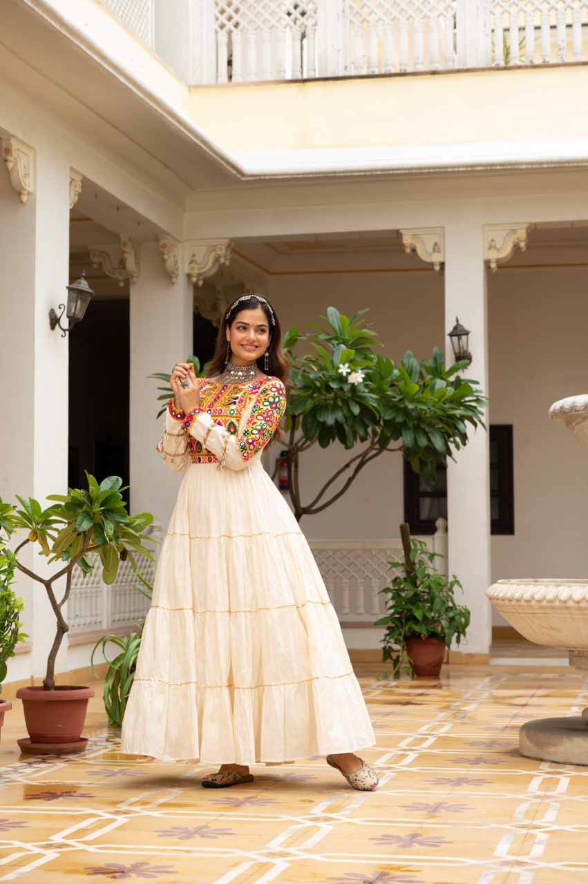 Off-White Kora Cotton Kutchi Gamthi Mirror Work and Kodi Lace Gown