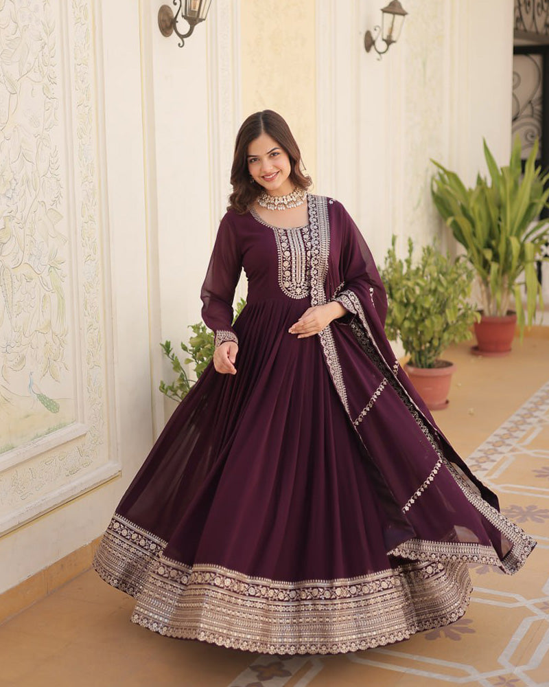 Vasundhara Faux Blooming Wine Anarkali Gown Suit Set