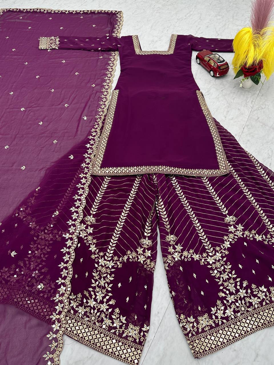 Aroa Purple Color Fox Georgette Embroidery Sequence Work Kurti Palazzo Set