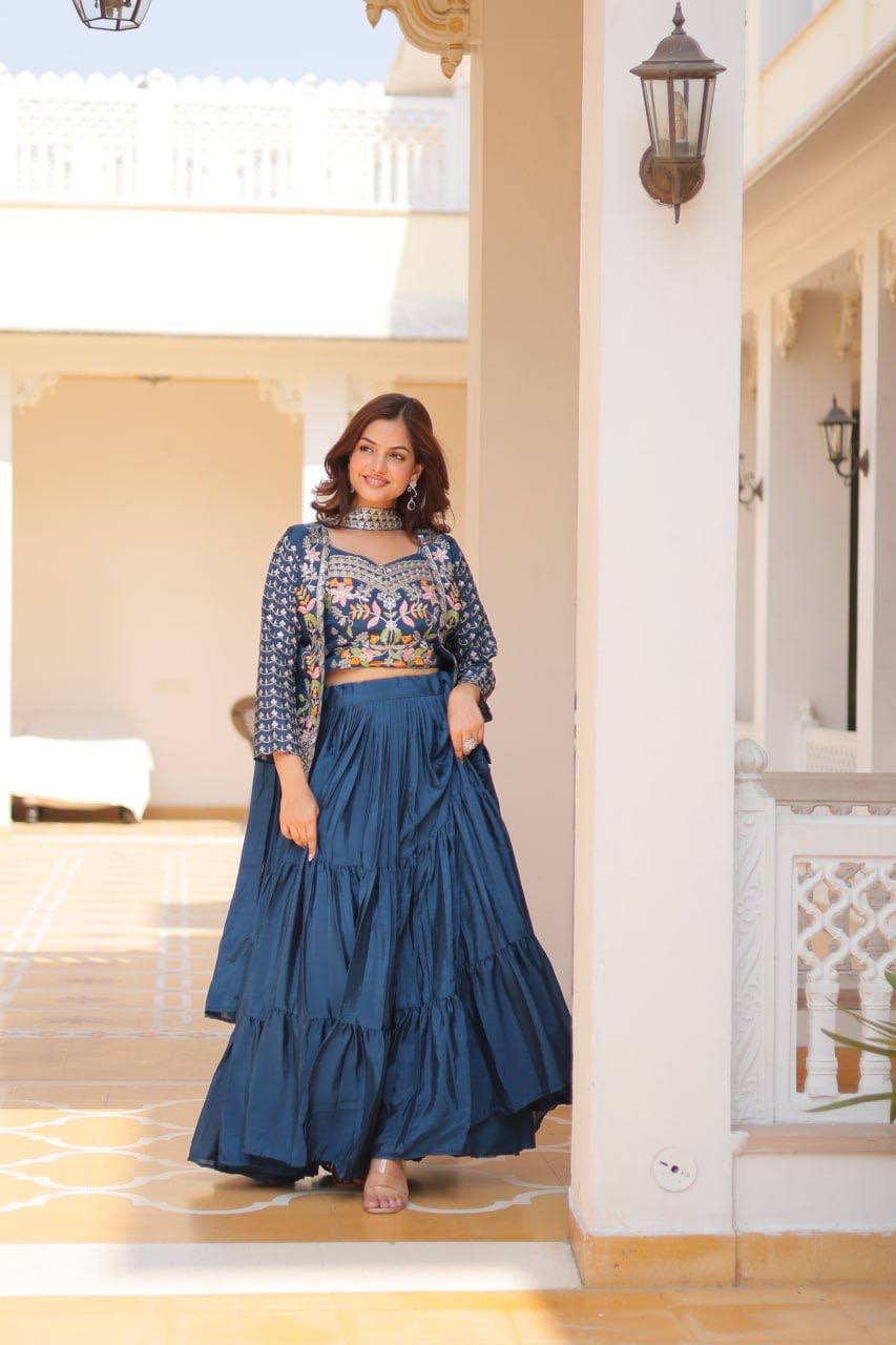 Blue chinon embroidered Maanvi designer lehenga choli koti outfit
