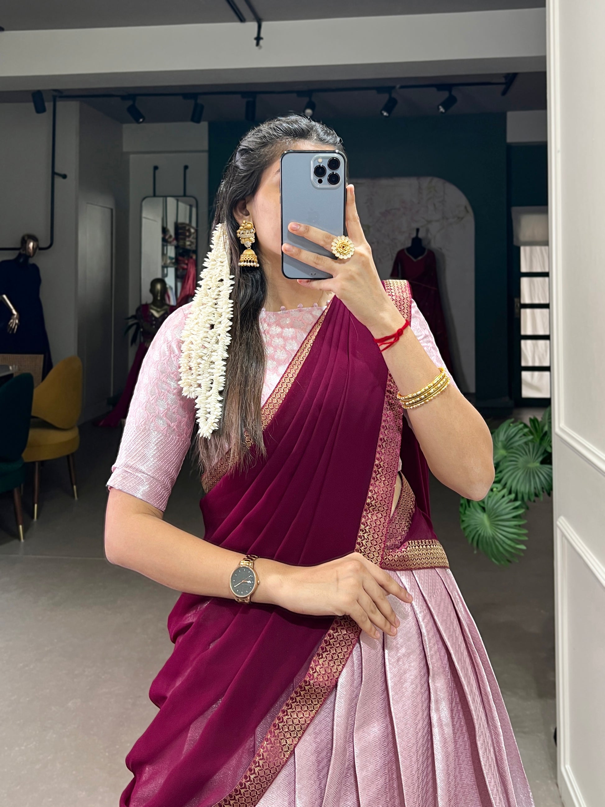 Pink Jacquard Silk Weaving Work Lehenga Choli With Dupatta and Lace Border