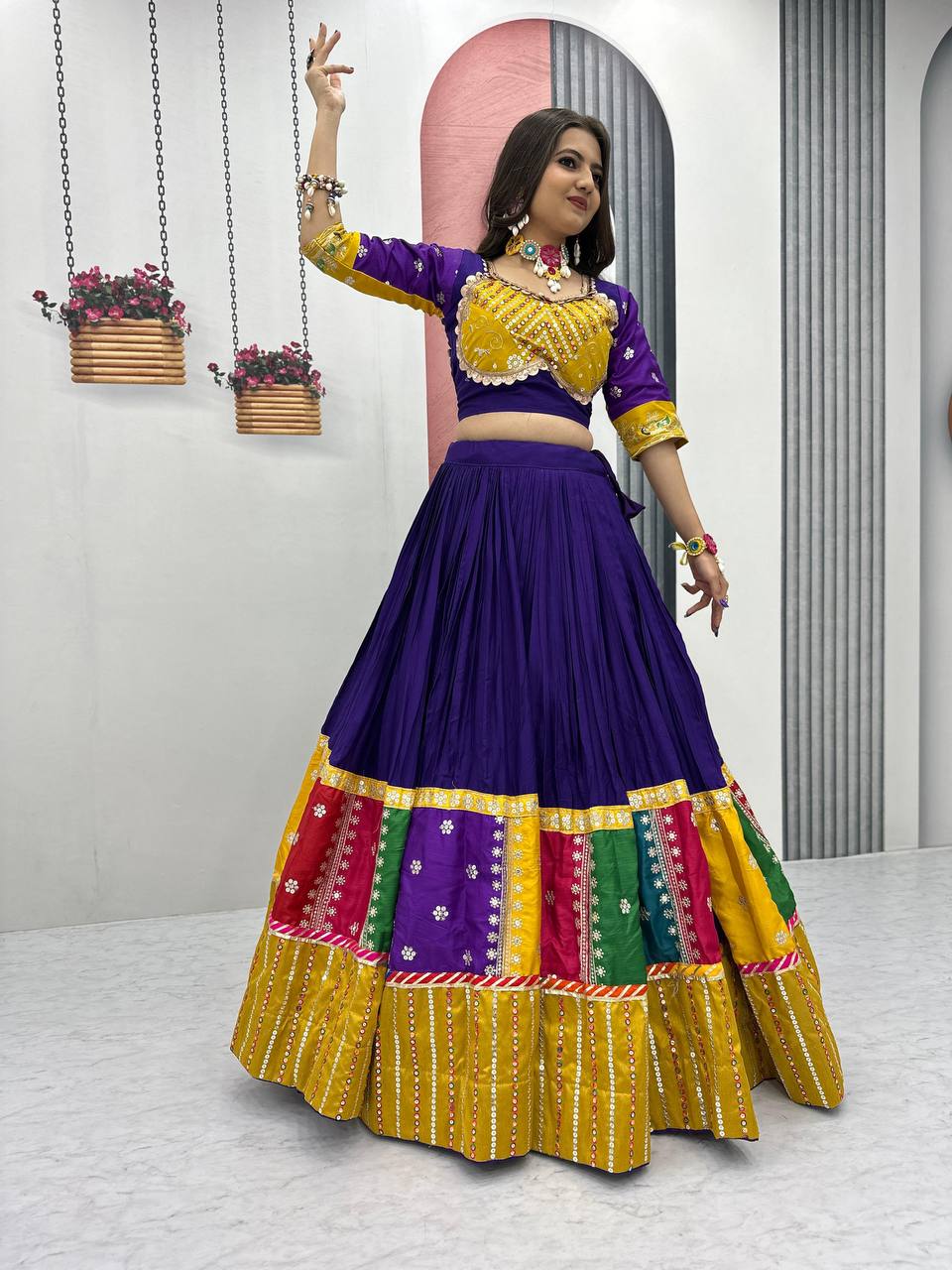 Purple Pure Cotton Embroidered Sequins Work Lehenga Choli with Dupatta