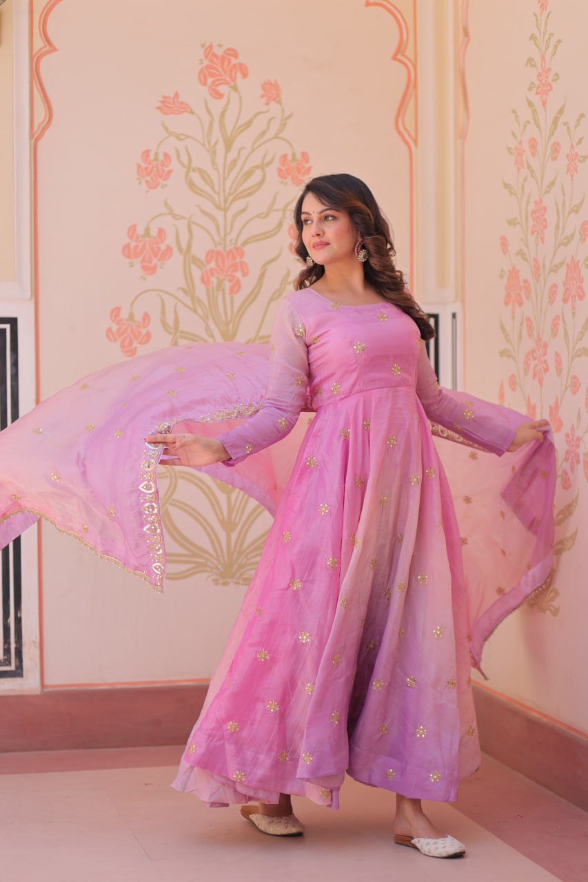 Pink Organza Flair Sequins Zari Embroidery Gown with Dupatta