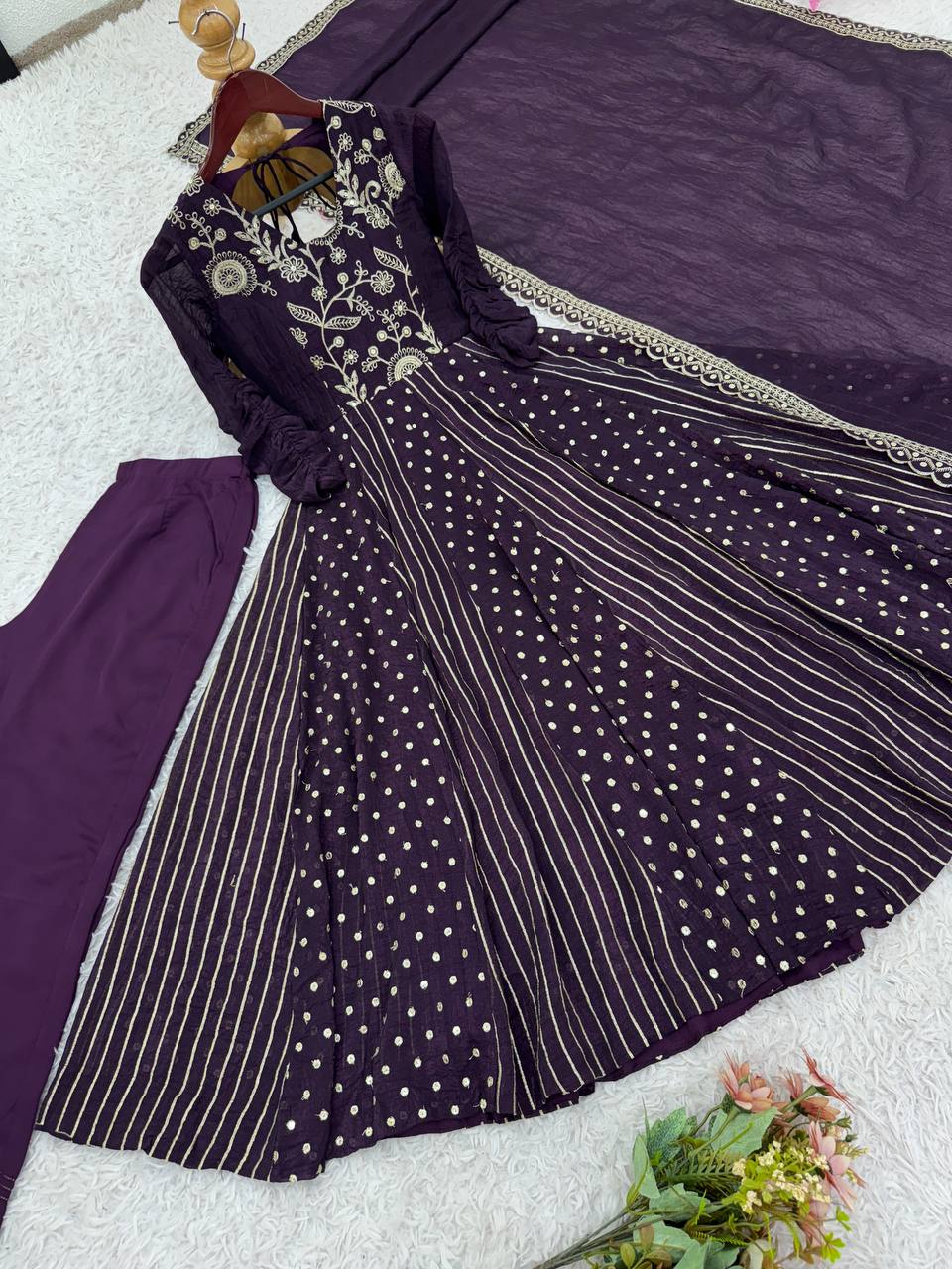Purple Crunchy Silk Embroidered Anarkali Suit Set