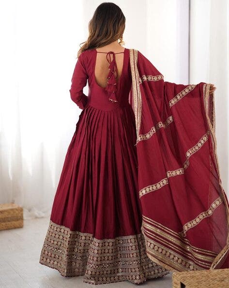 Maroon Chinon Silk Embroidered Anarkali Suit With Dupatta