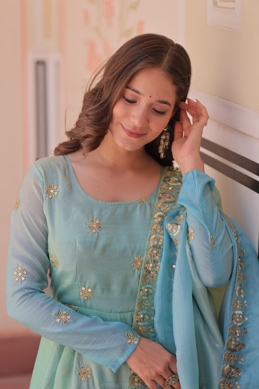 Sky blue organza flair sequins zari embroidery gown with dupatta