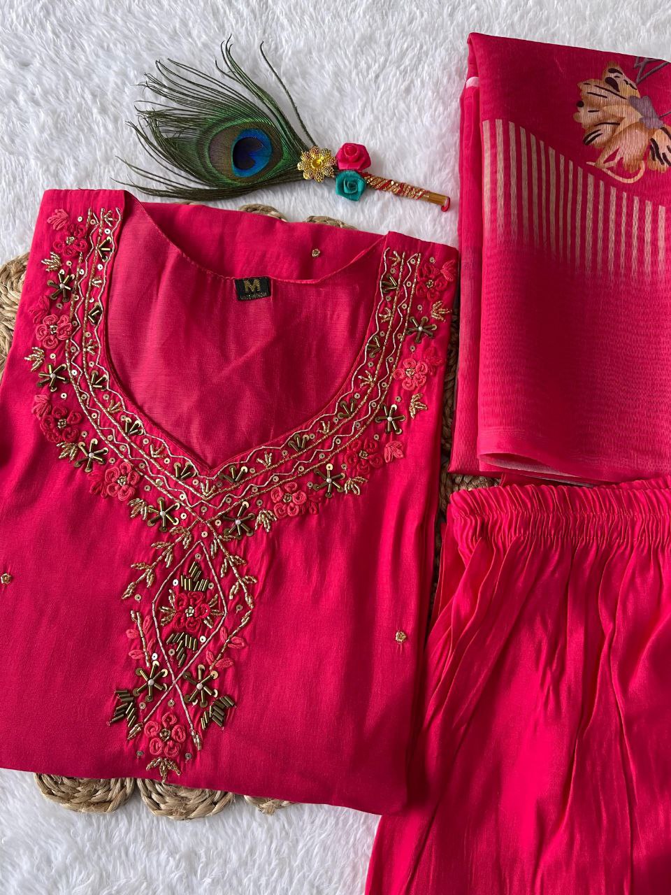 Srija Pink Roman Silk Embroidered Kurti Set with Dupatta