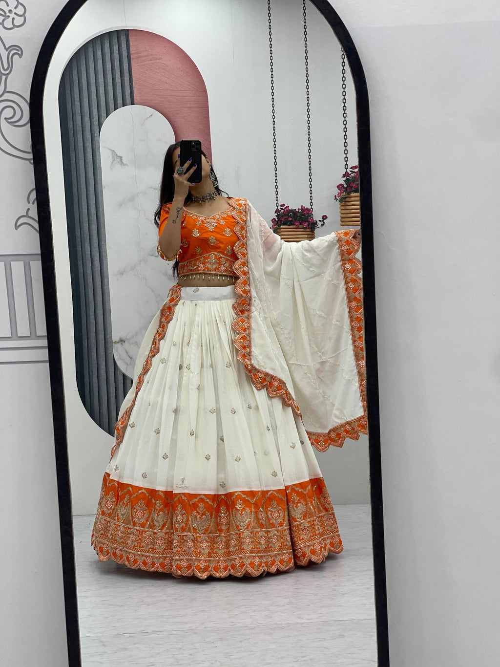 Orange chinon heavy embroidery lehenga choli with dupatta