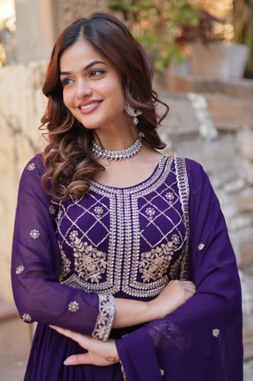 Chamvika Purple Designer Gown with Dupatta – party wear gown for women, long gown for wedding, Indian ethnic gown online, sequin embroidered gown, purple gown for reception, full sleeve gown dress, Indo western gown for girls, traditional Indian wear, stylish gown for engagement, readymade gown for festival, bridal gown with dupatta.