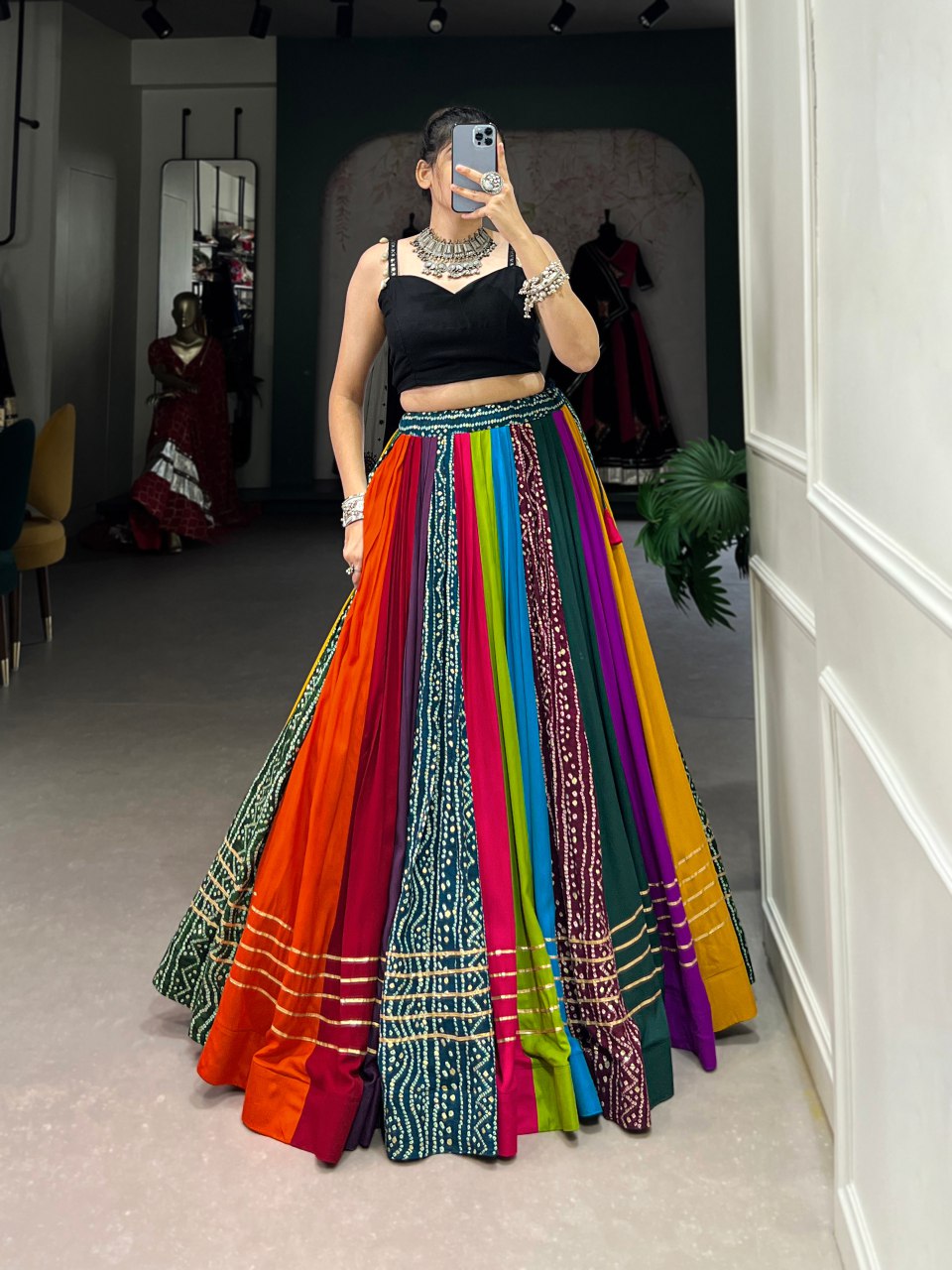 Multicolour pure rayon printed Gota Patti and mirror lace work lehenga