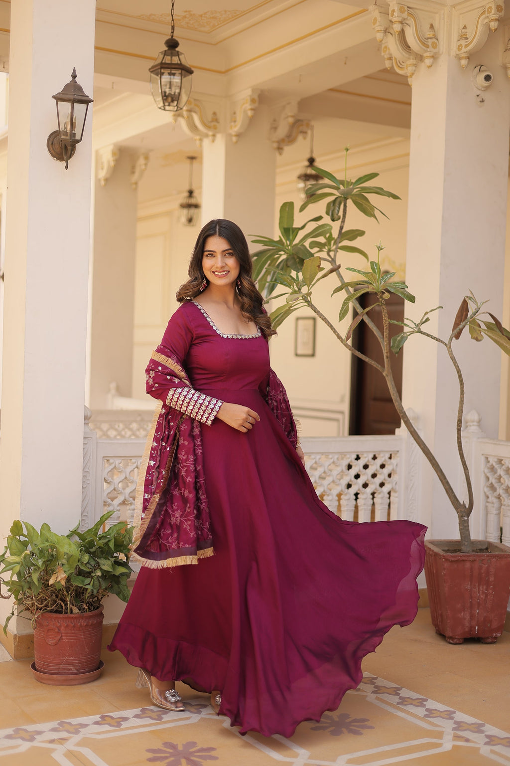 Aparajita Magenta Vichitra Silk Anarkali Gown Set