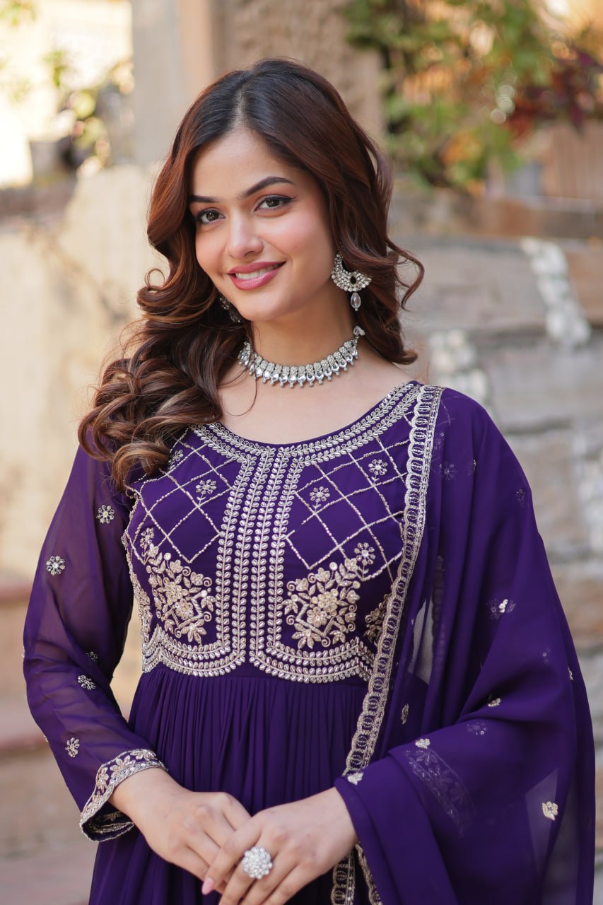 Chamvika Purple Designer Gown with Dupatta – party wear gown for women, long gown for wedding, Indian ethnic gown online, sequin embroidered gown, purple gown for reception, full sleeve gown dress, Indo western gown for girls, traditional Indian wear, stylish gown for engagement, readymade gown for festival, bridal gown with dupatta.