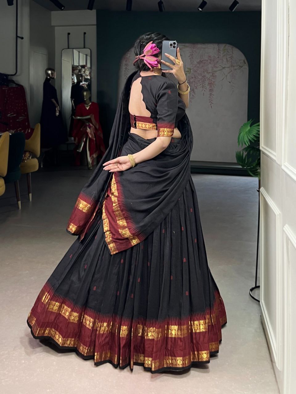 Black Color Pure Chanderi Zari Weaving Half Saree Lehenga Choli