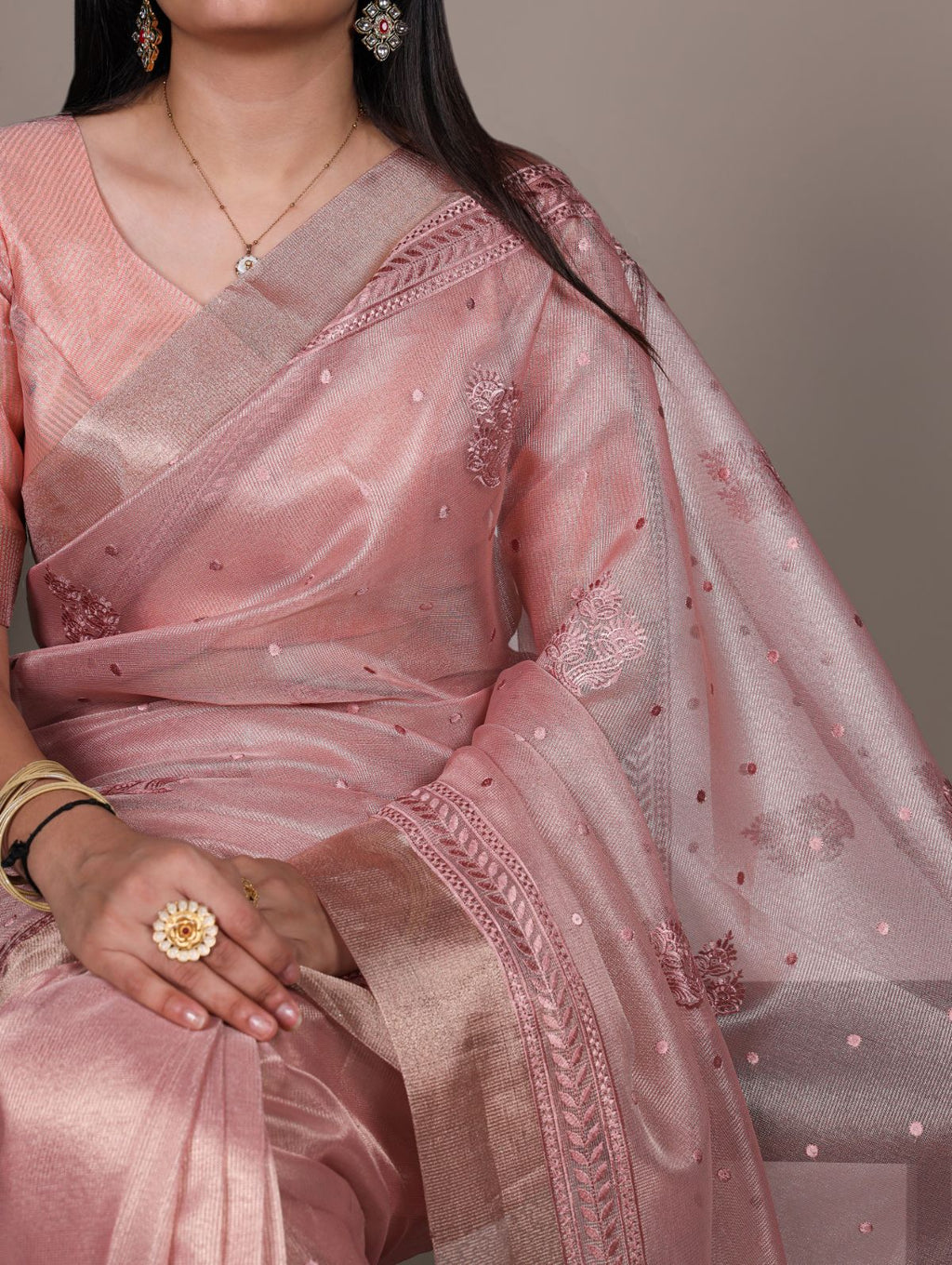 Light Pink Color Poly Shimmer Thread Embroidered Saree with Unstitched Blouse