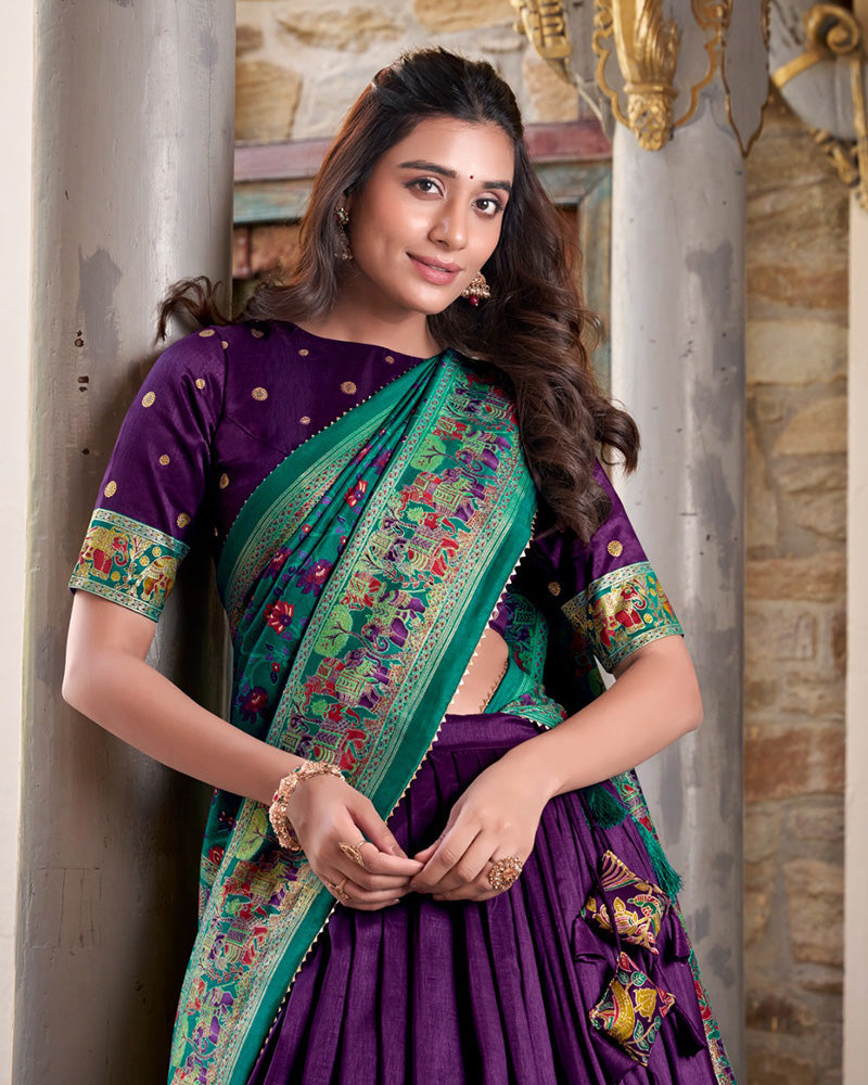 Purple Silk Printed Foli Work Semi-Stitched Half Saree Lehenga
