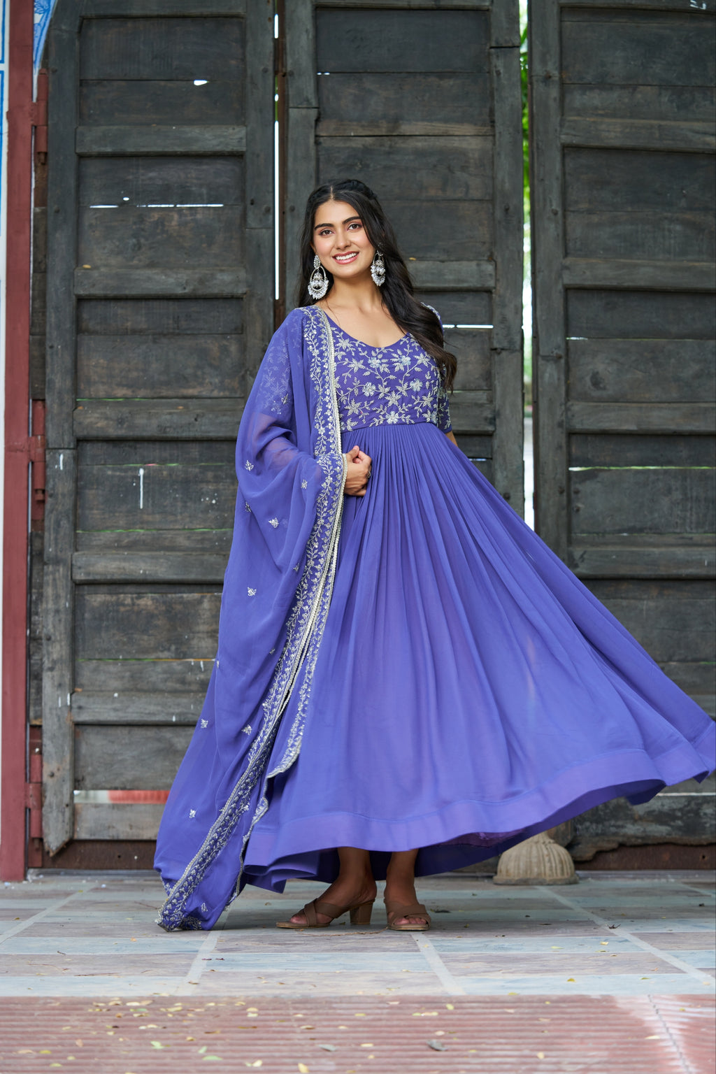 Rahi Lavender Color Faux Blooming Sequins Beads Embroidered Gown with Dupatta