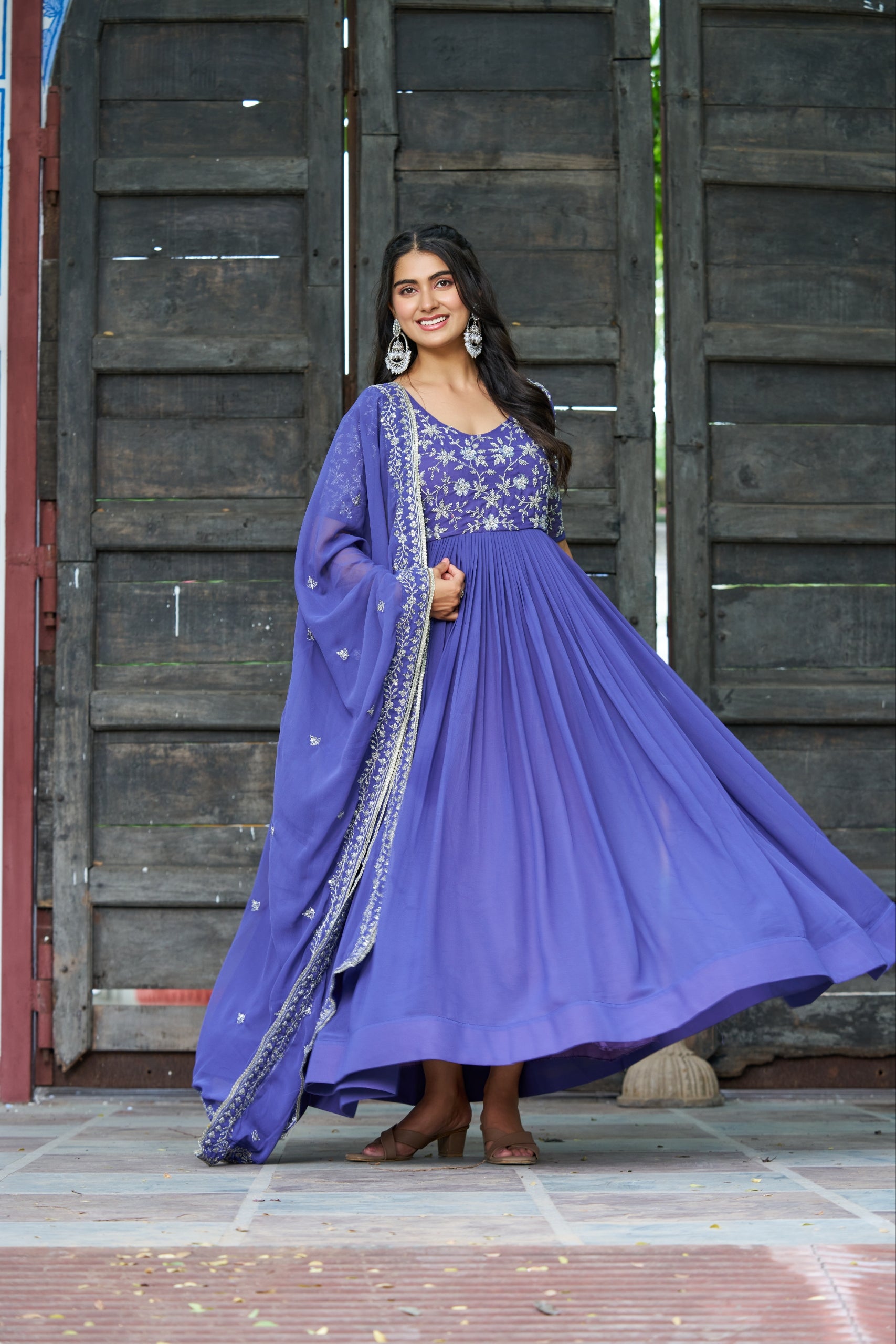 Rahi Lavender Color Faux Blooming Sequins Beads Embroidered Gown with Dupatta