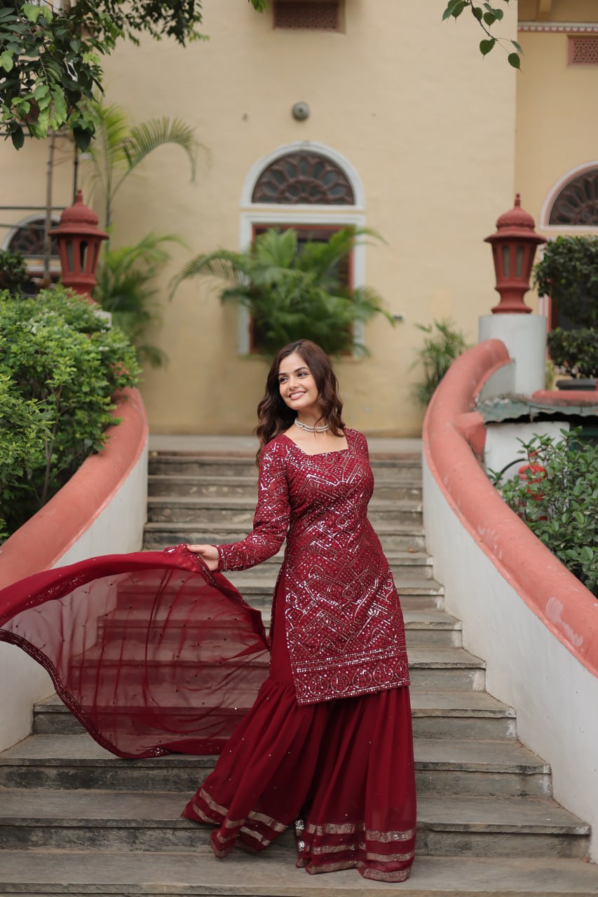 Lavya Maroon Georgette Embroidered Kurti Sharara Set