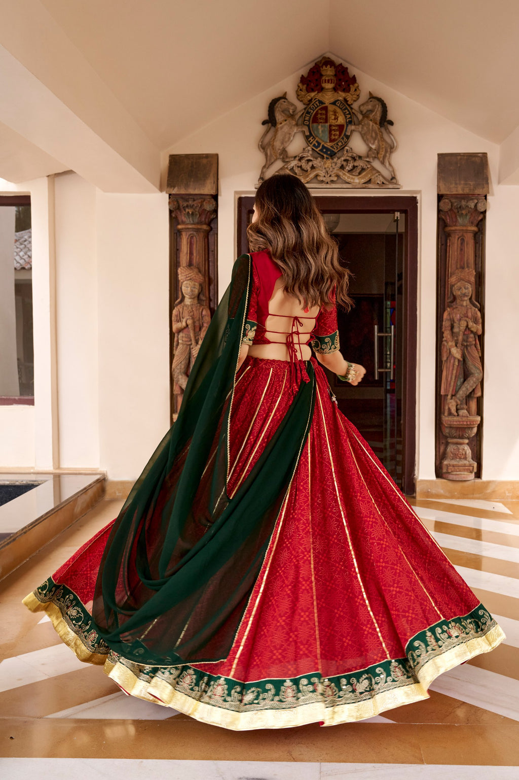 Komal Red Georgette Bandhej Foil Print Lehenga Choli