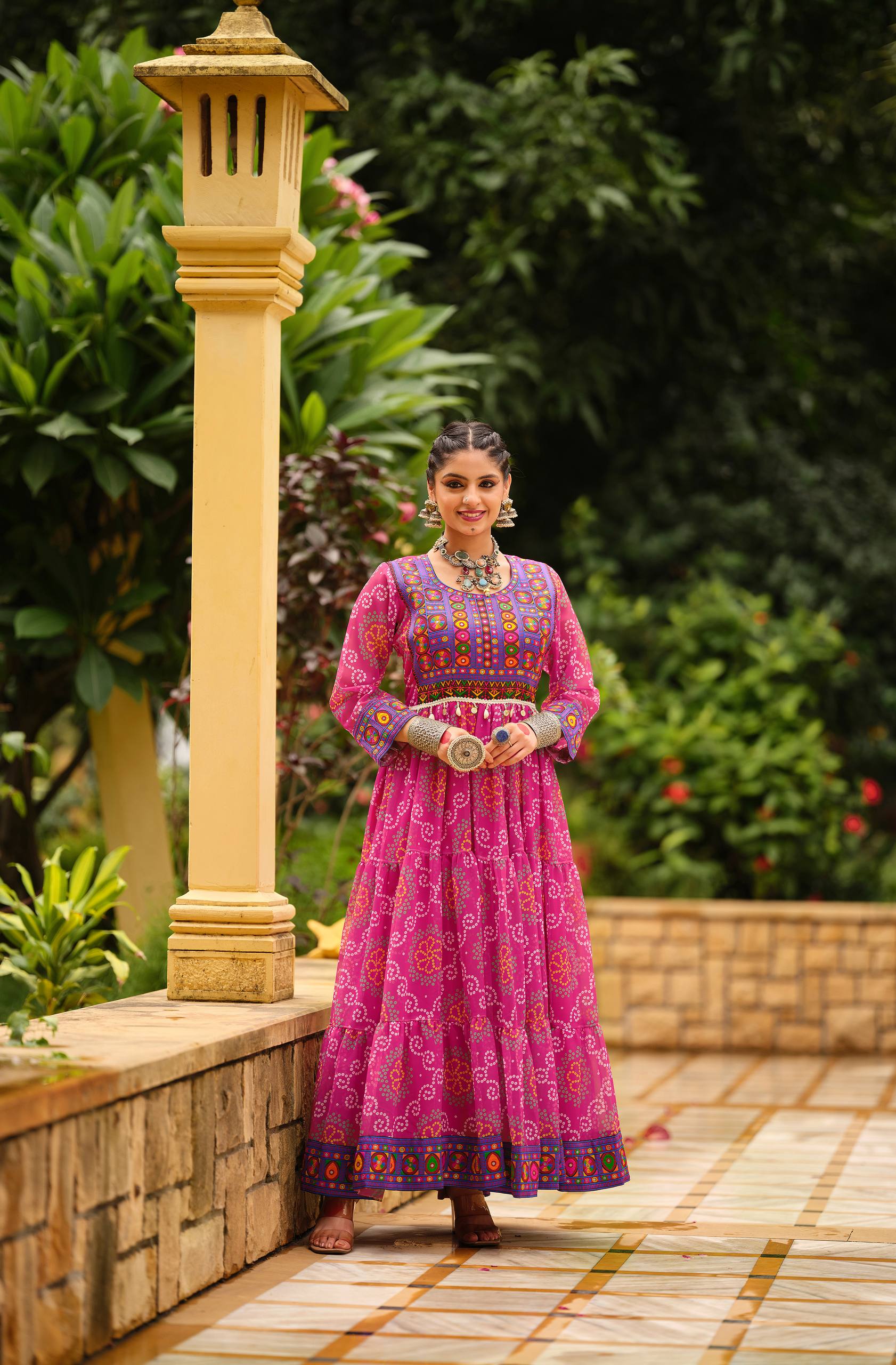 Pink Faux Georgette Gamthi Jacquard Weaving Lace Border Three Layer Ruffle Flair Gown