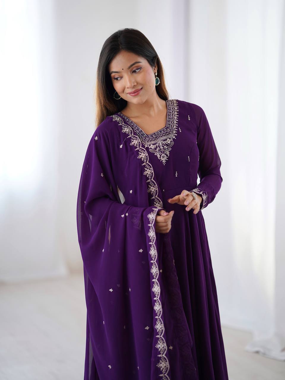 Purple Anarkali suit in soft Fox Georgette with 6.5-meter flair, zari & beads embroidery, lace sleeves & dupatta – stitched & ready-to-wear.