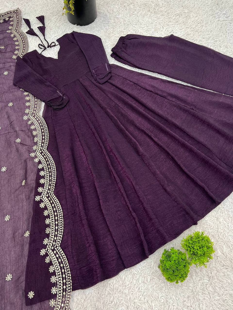 Tiya purple Fandy Silk Anarkali suit with 4.5-meter flair, full sleeves & embroidered dupatta – stitched & ready for weddings, parties & festive wear.