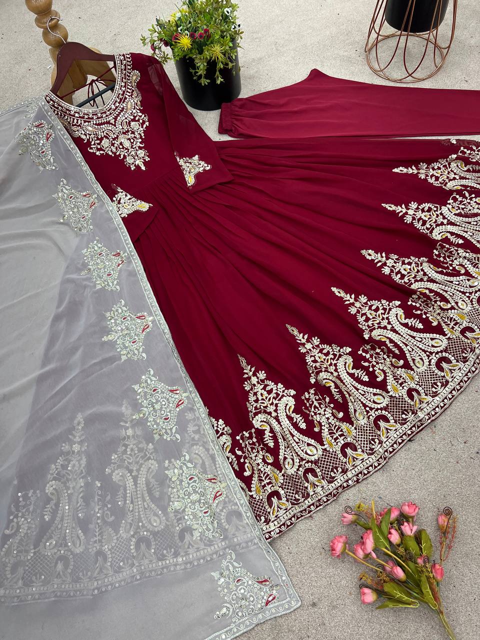 Tejvini Maroon Georgette Embroidered Gown with Dupatta
