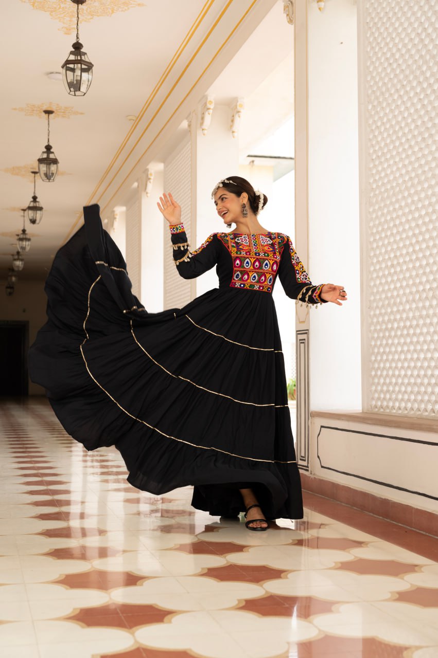 Black Kora Cotton Kutchi Gamthi Mirror Work and Kodi Lace Gown
