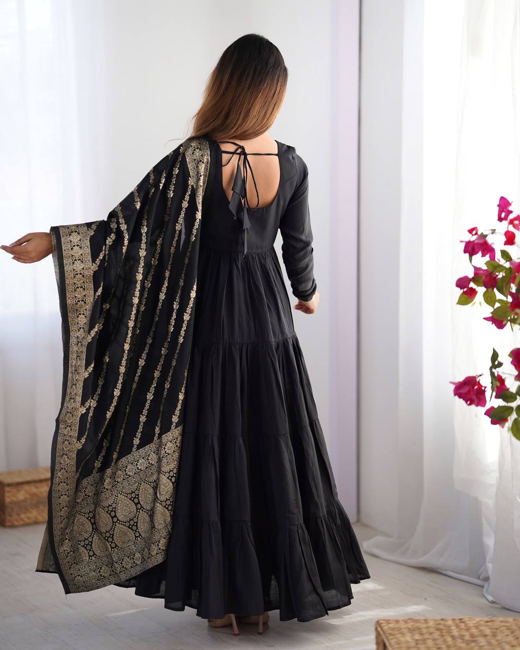Black Roman Silk Anarkali suit with 9-meter flair, Banarasi dupatta & pant—elegant festive wear for weddings, parties & traditional occasions.