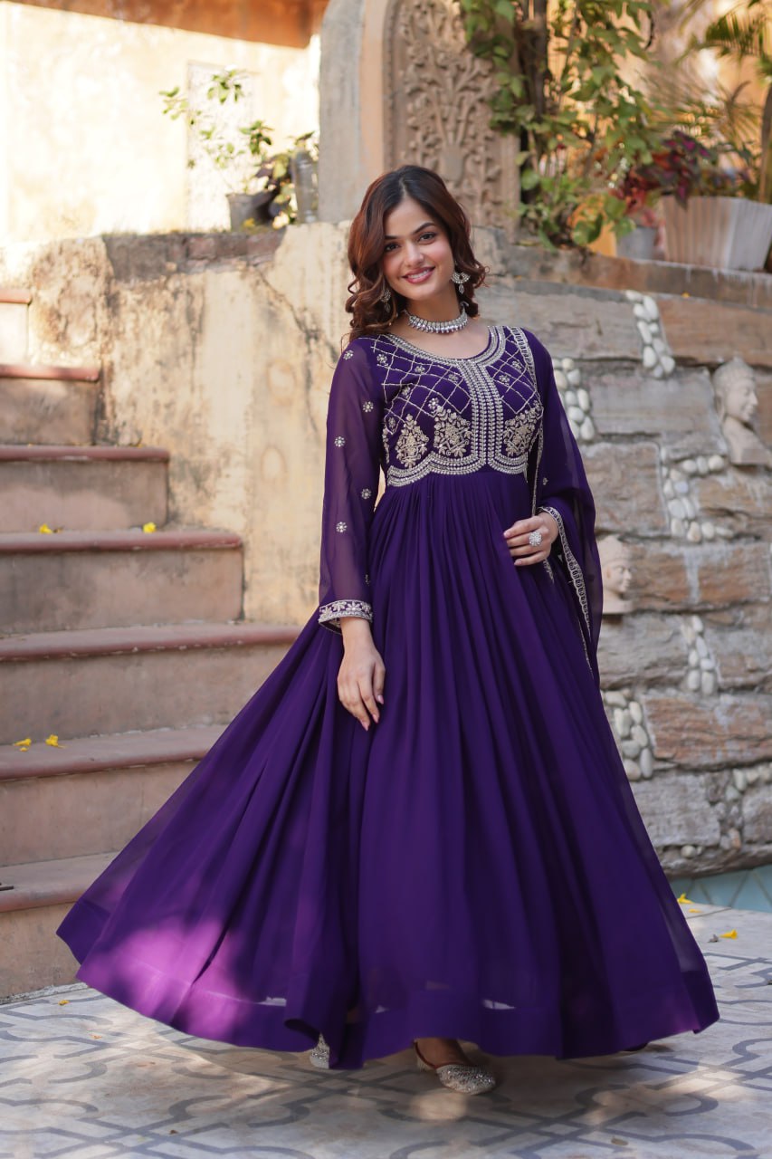 Chamvika Purple Designer Gown with Dupatta – party wear gown for women, long gown for wedding, Indian ethnic gown online, sequin embroidered gown, purple gown for reception, full sleeve gown dress, Indo western gown for girls, traditional Indian wear, stylish gown for engagement, readymade gown for festival, bridal gown with dupatta.