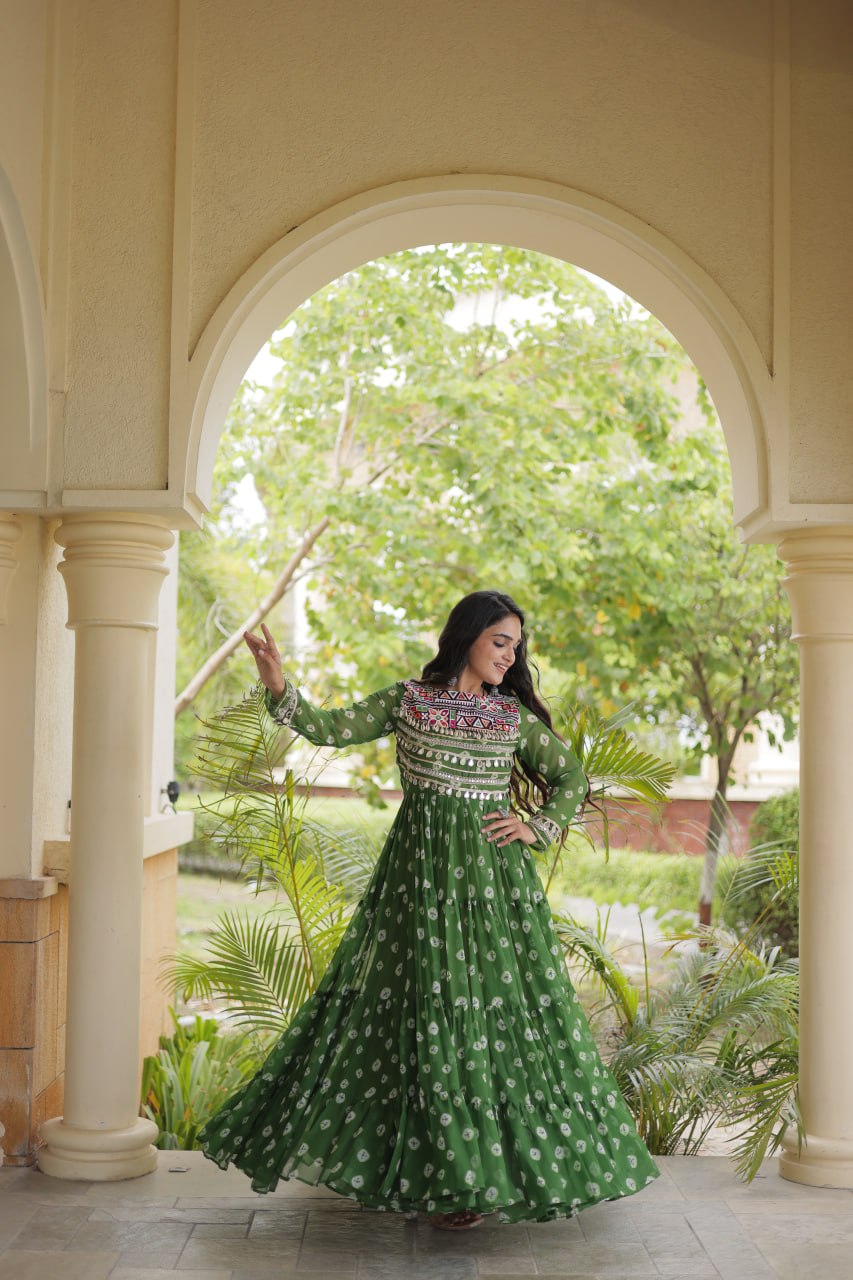 Lavanya Green Faux Georgette Bandhani Kutchi Patchwork Gown