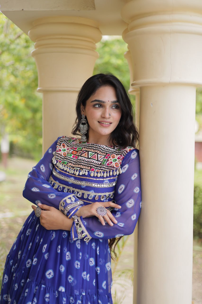 Lavanya Blue Faux Georgette Bandhani Kutchi Patchwork Gown