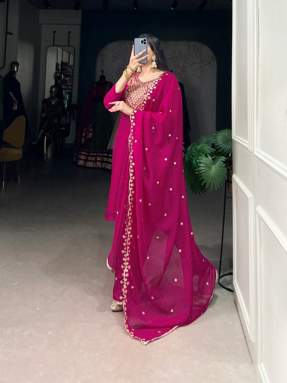 Pink Organza Sequins & Thread Work Embroidered Kurti Set with Dupatta