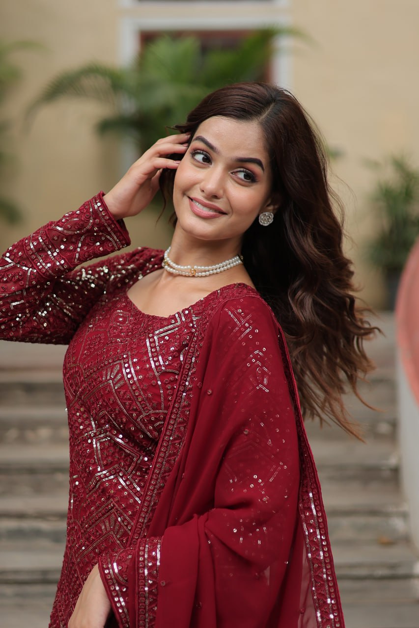 Lavya Maroon Georgette Embroidered Kurti Sharara Set