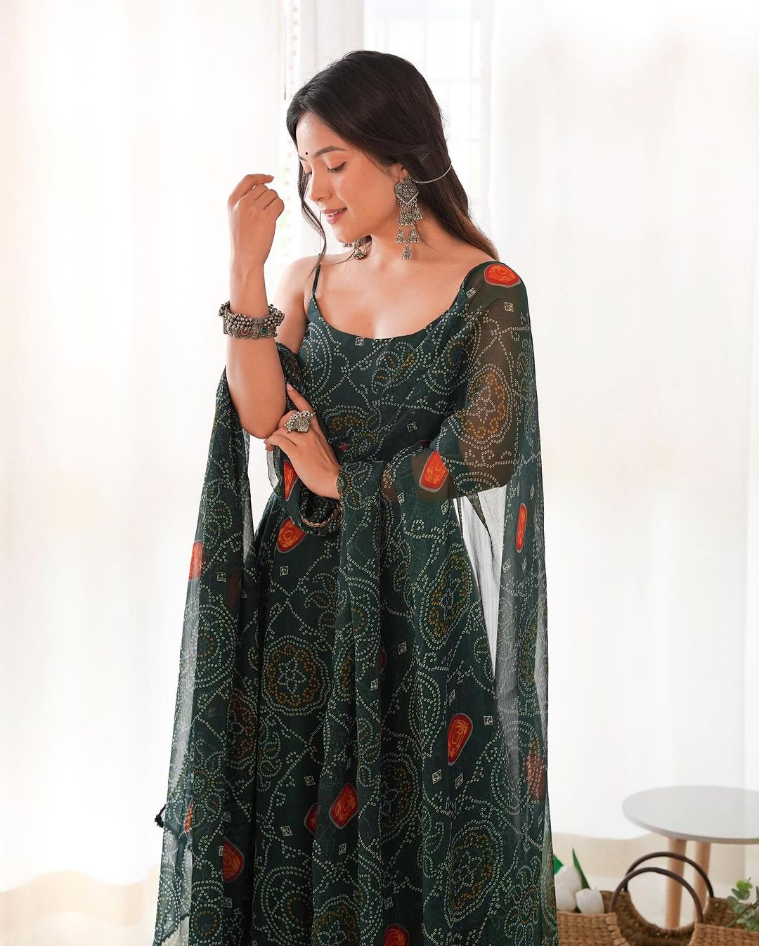 Manmayi green bandhani printed anarkali gown set