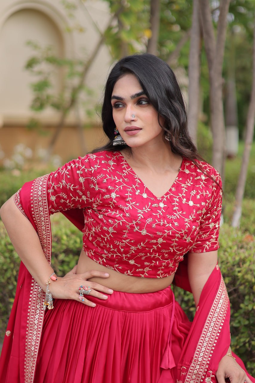Subhadra Pink Glory Satin Embroidery Zari Sequins Lehenga