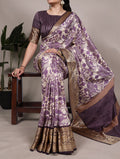 Purple Color Tasar Silk Printed Saree with Viscose Border and Blouse