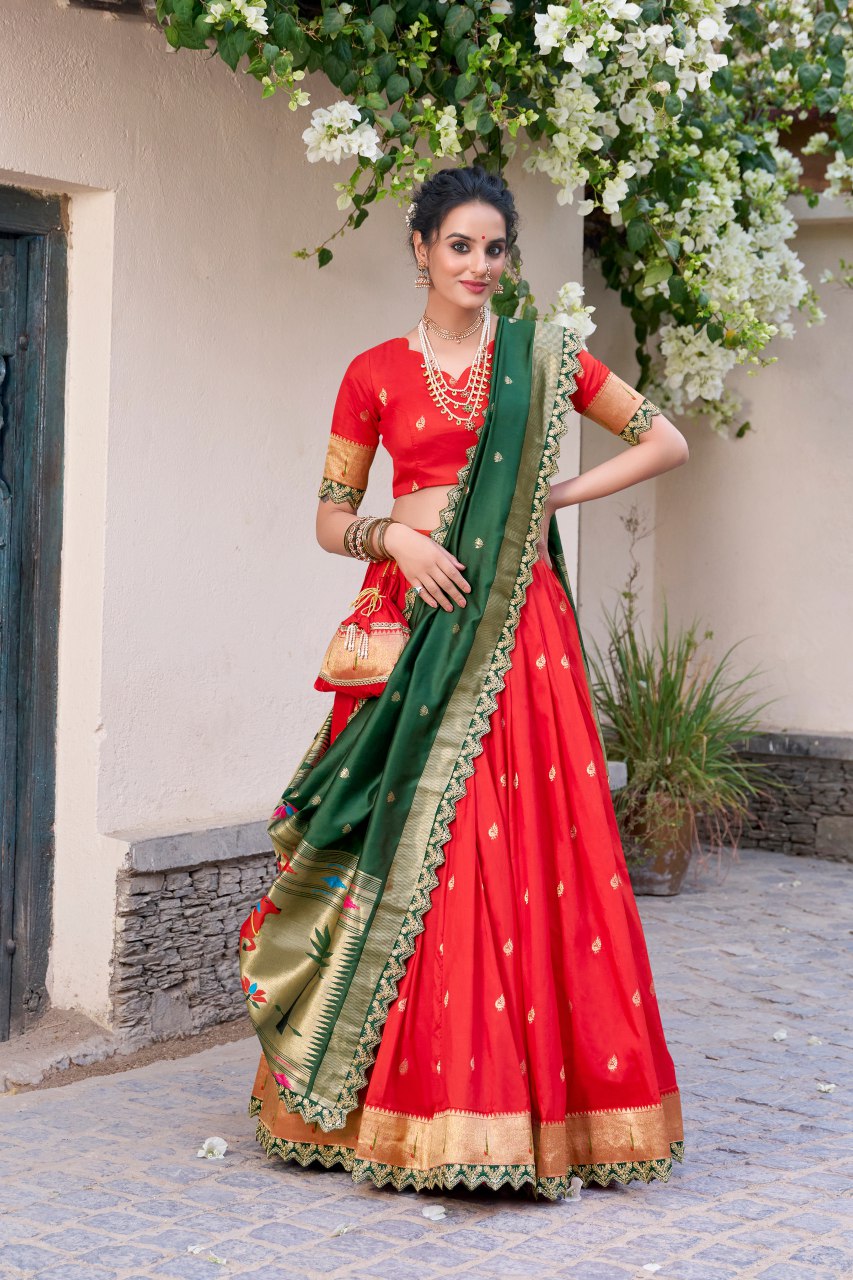 Red Jacquard Silk Paithani Lehenga Choli with Dupatta & Batwa