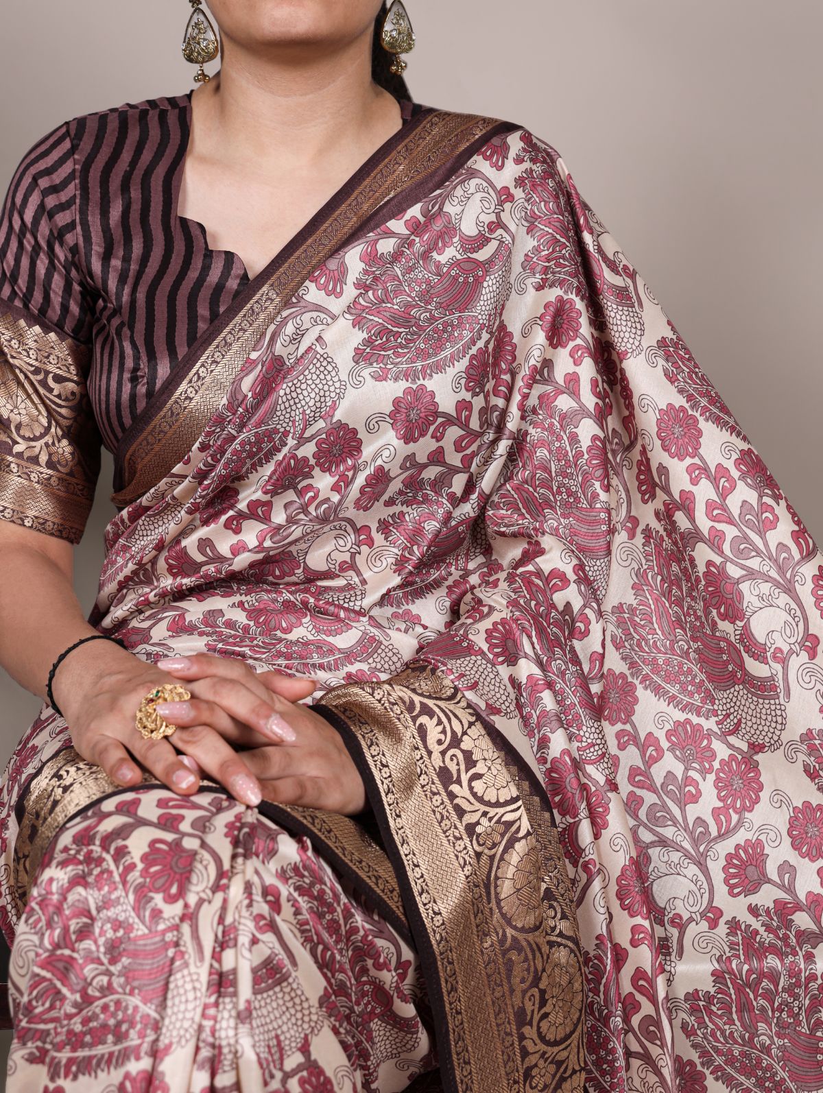 Pink Color Tasar Silk Printed Saree with Viscose Border and Blouse