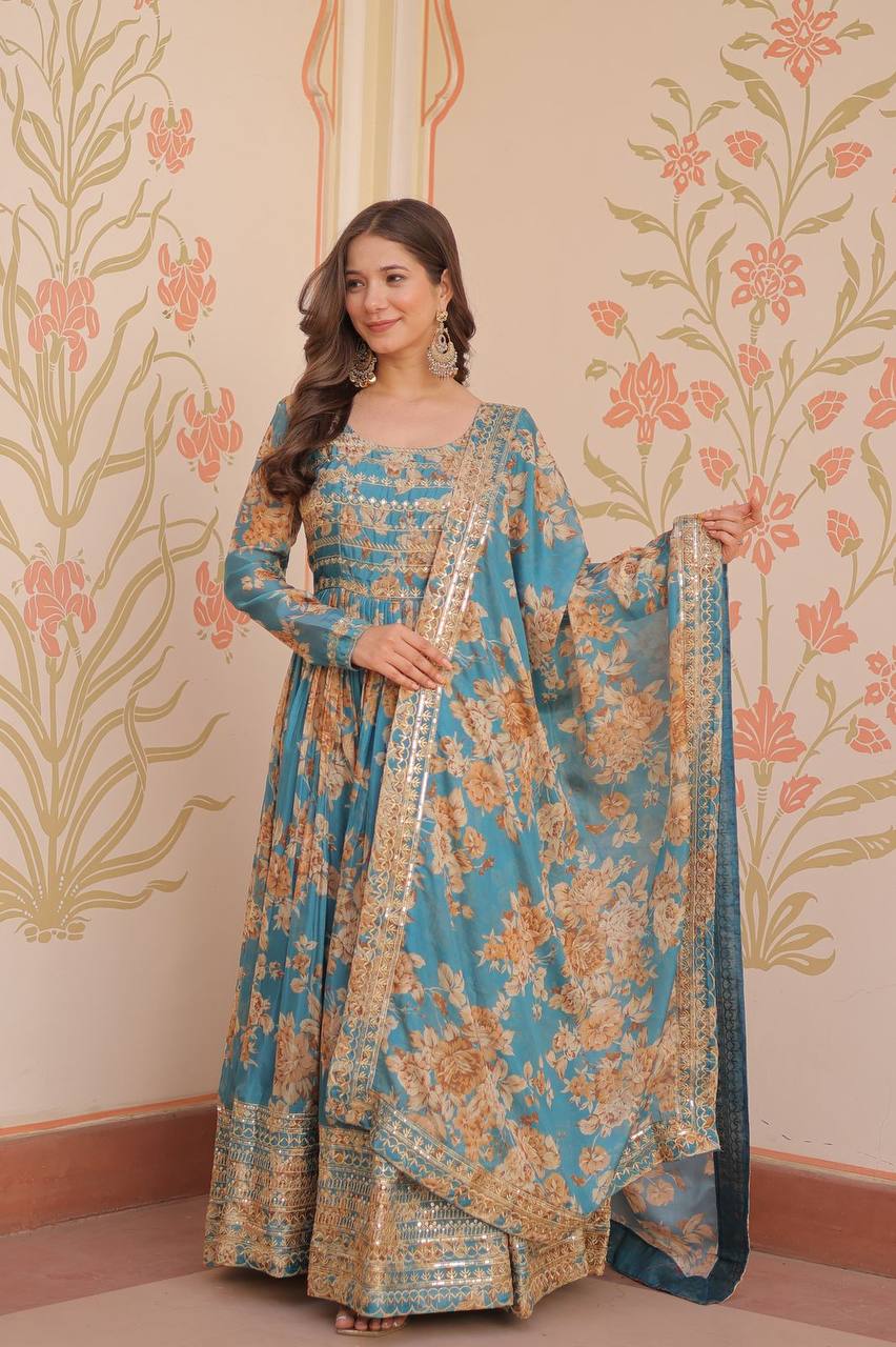 Teal Blue Russian Silk Print Embroidered Sequins Work Gown with Dupatta