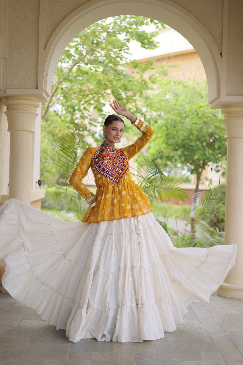 Charvi Yellow Kora Cotton Bandhni Kutchi Gamthi Lehenga