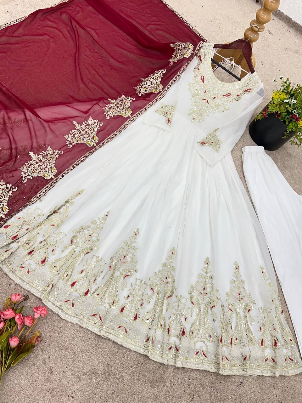 Tejvini White Georgette Embroidered Gown with Dupatta