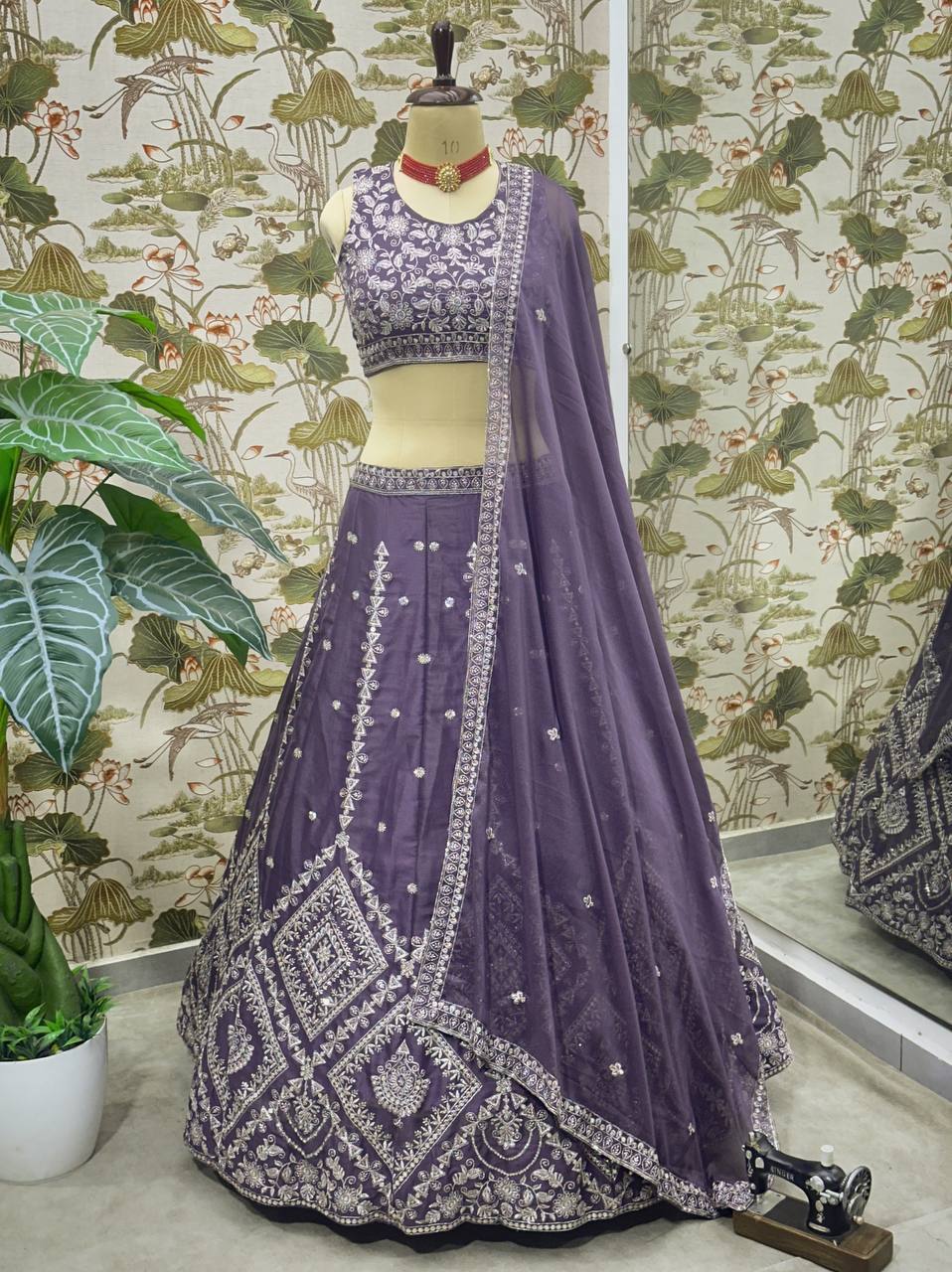 Purple star georgette sequins embroidered lehenga choli with dupatta