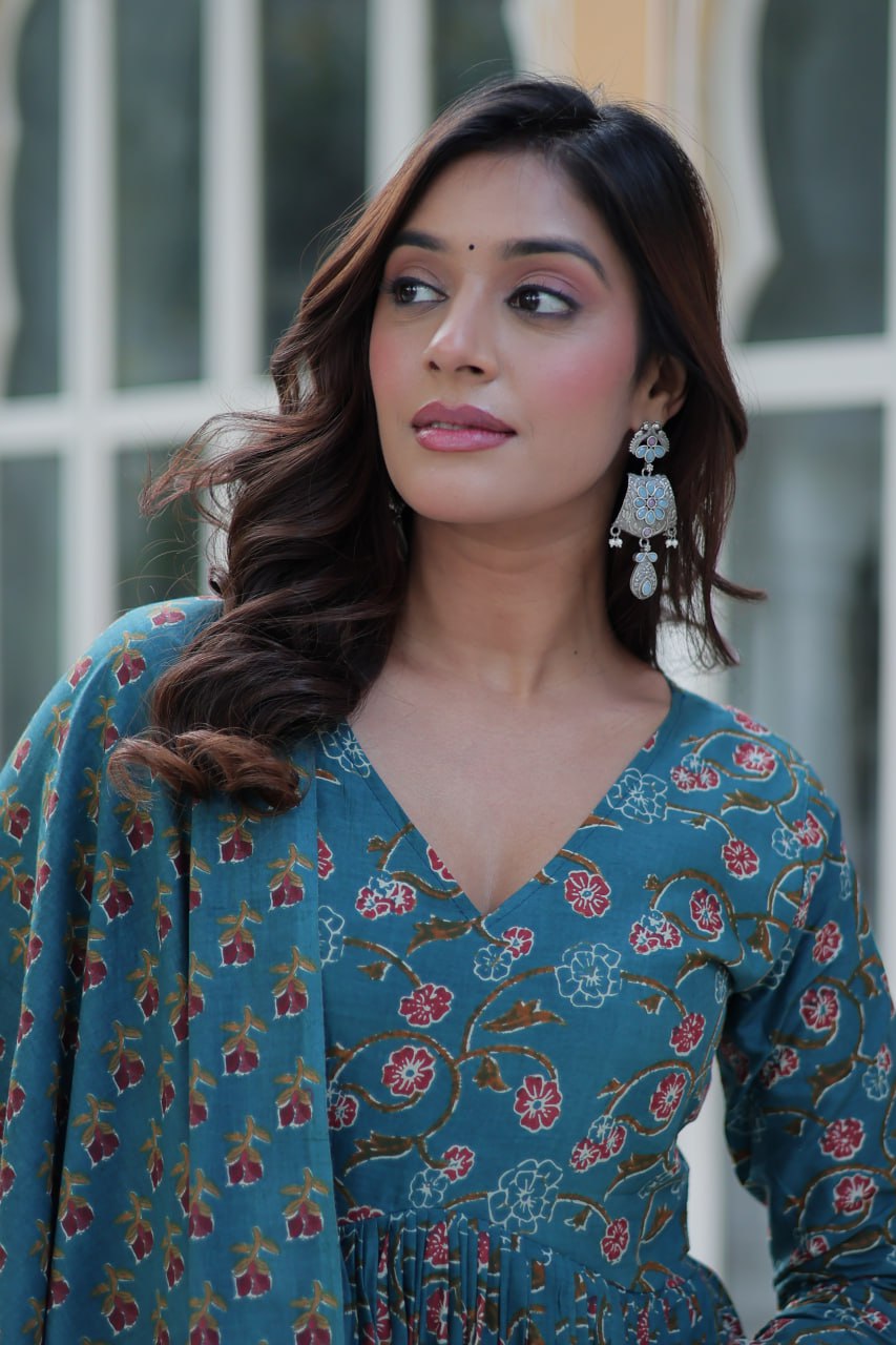 Blue pure cotton Anarkali suit set for women with soft dupatta, lightweight ethnic outfit featuring traditional block prints, flared kurta with matching pants, ideal for summer functions, daily Indian wear, office outfits, and casual ethnic fashion in breathable cotton fabric.