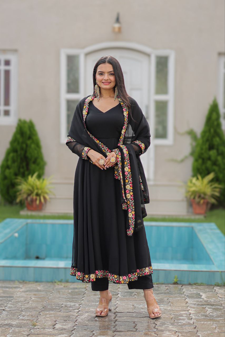 Sathvika Black Georgette Embroidered Anarkali Suit Set