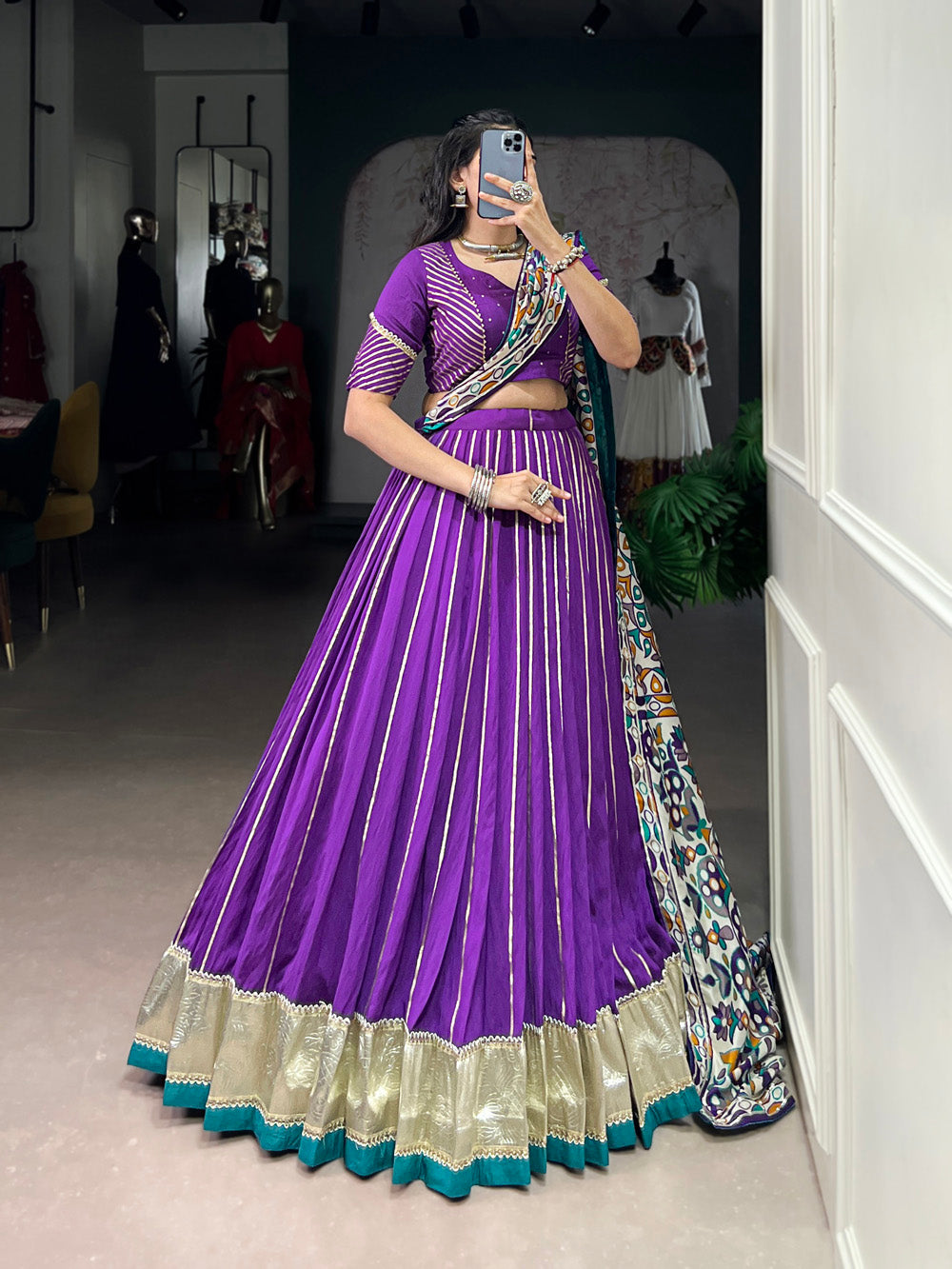 Purple Chanderi Zari Weaving and Embossed Lace Lehenga Choli